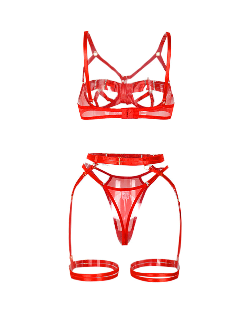 3PCS Hollow Out Sheer Mesh Garter Lingerie Set