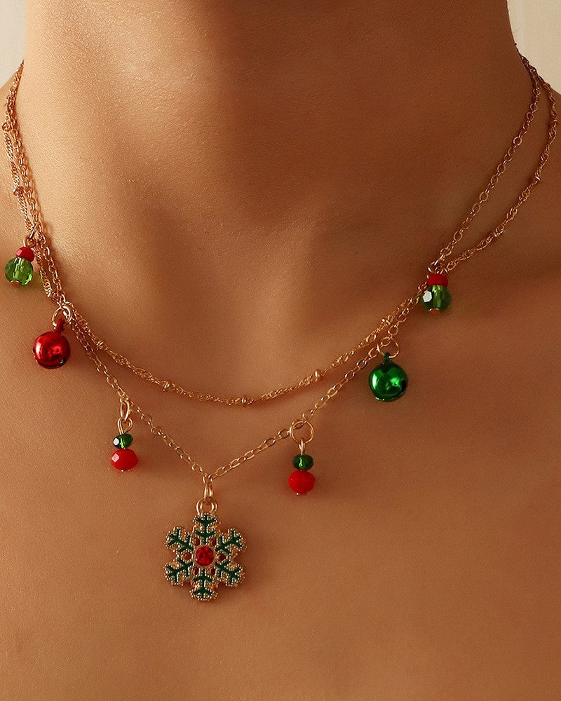 1pc Christmas Jingle Bell Snowflake Layered Necklace