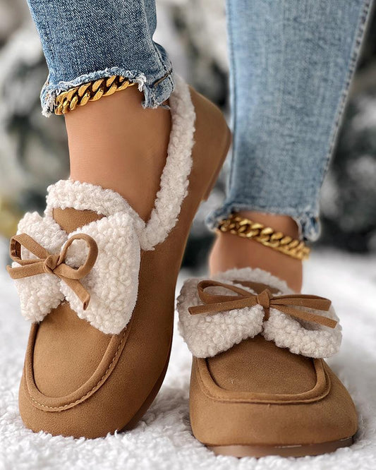 Bowknot Slip On Lined Winter Warm Loafers