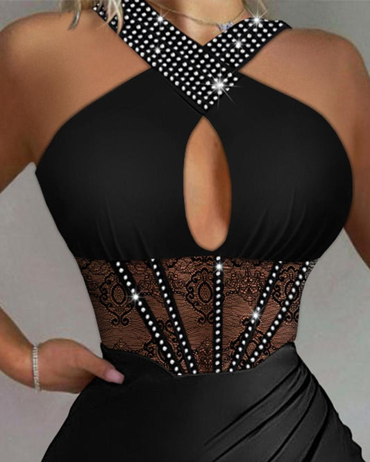 Rhinestone Ruched High Slit Contrast Lace Corset Dress