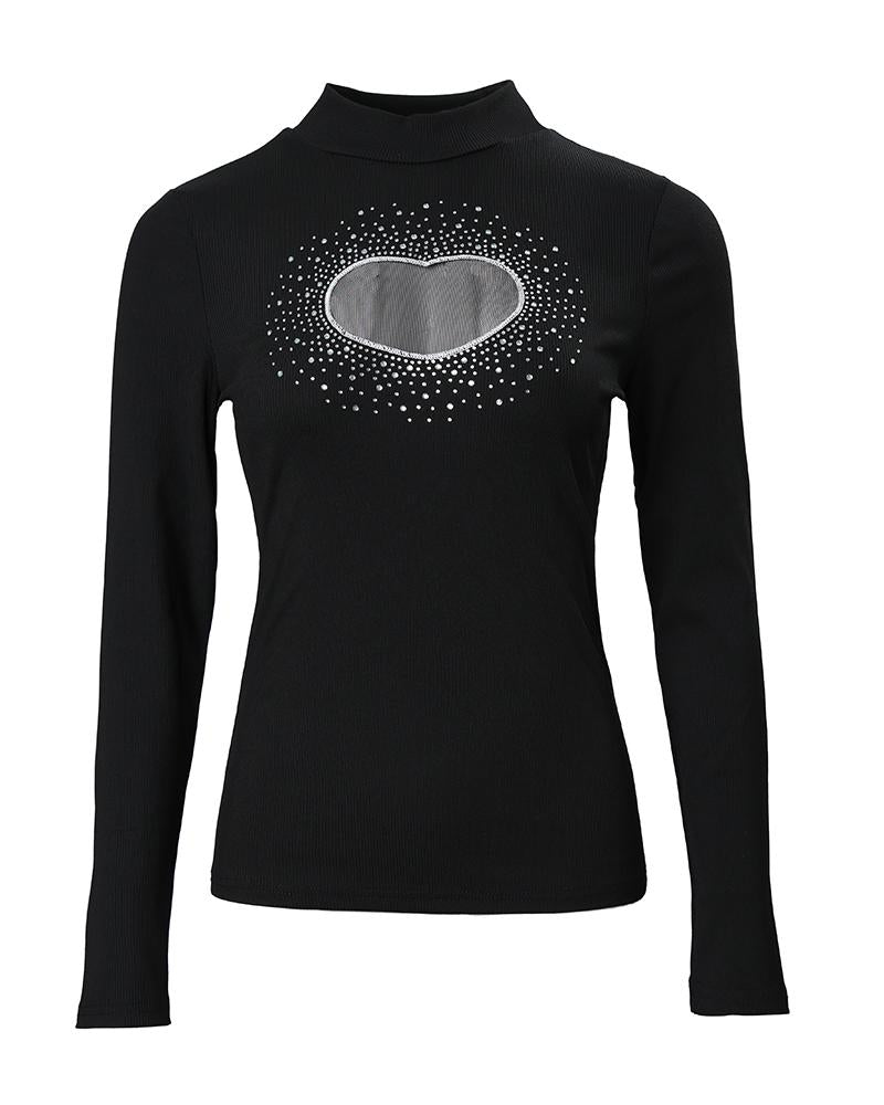 Rhinestone Heart Pattern Long Sleeve Top