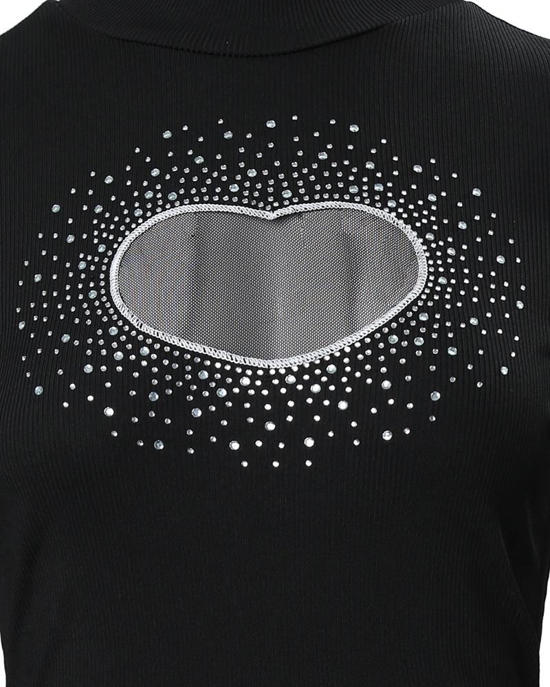 Rhinestone Heart Pattern Long Sleeve Top