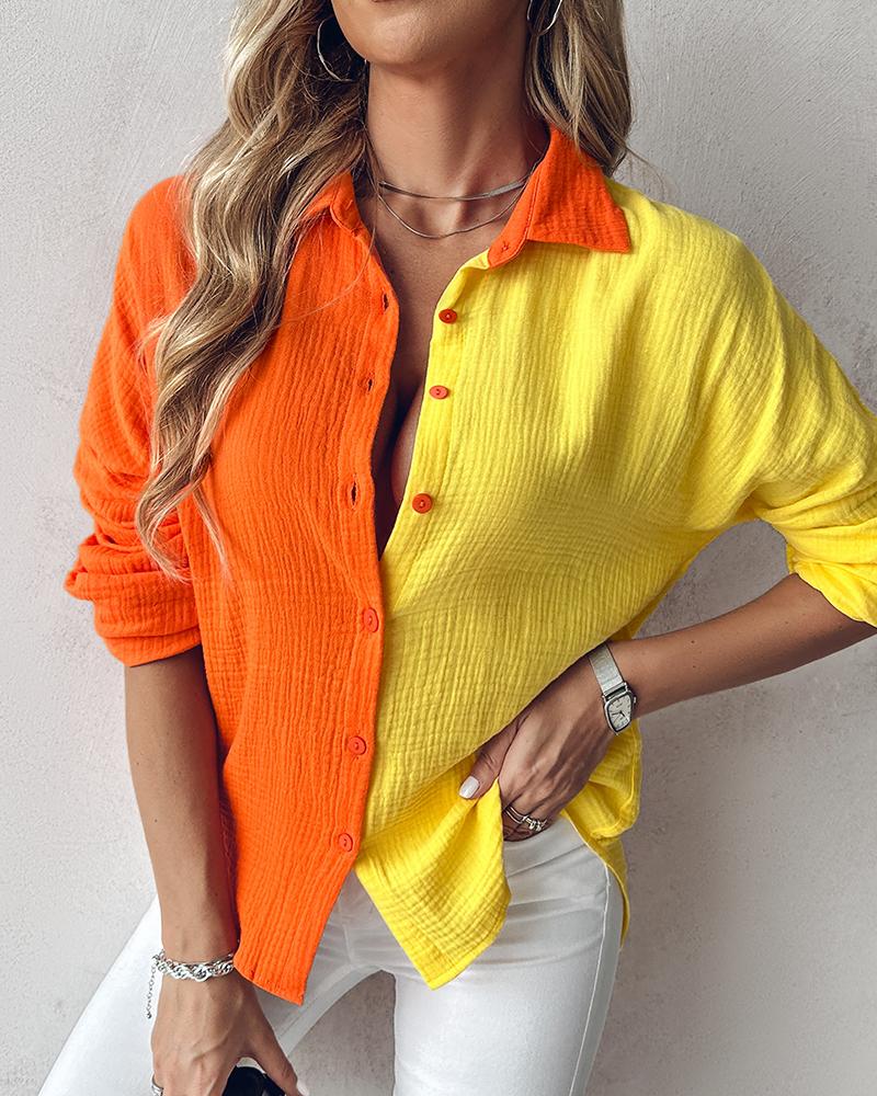 Colorblock Buttoned Long Sleeve Top