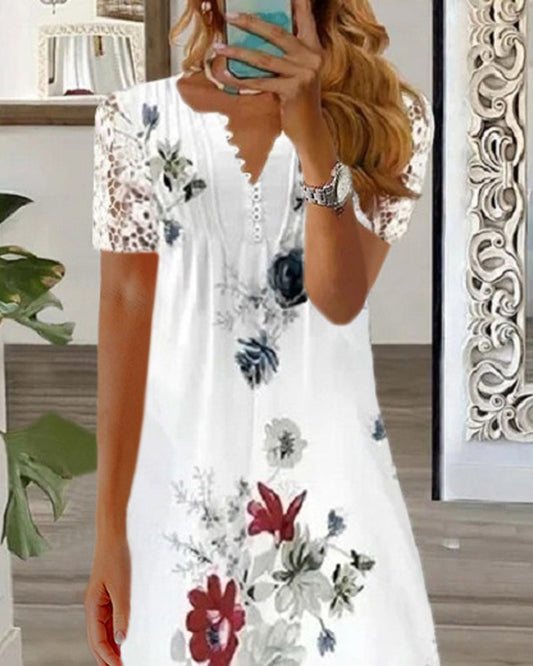 Floral Print Short Sleeve Lace Patch Maxi Dress