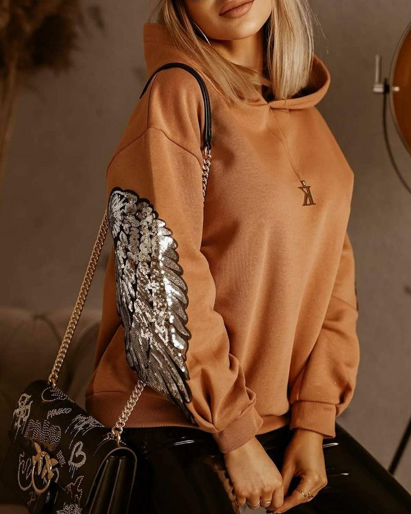 Sequin Patch Wing Pattern Drop Shoulder Hoodie