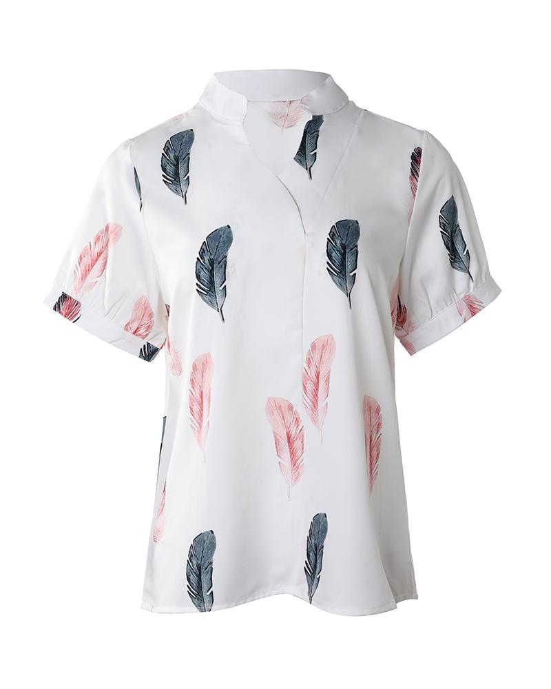 Feather Print Short Sleeve Casual Top