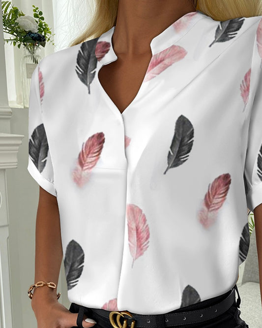 Feather Print Short Sleeve Casual Top