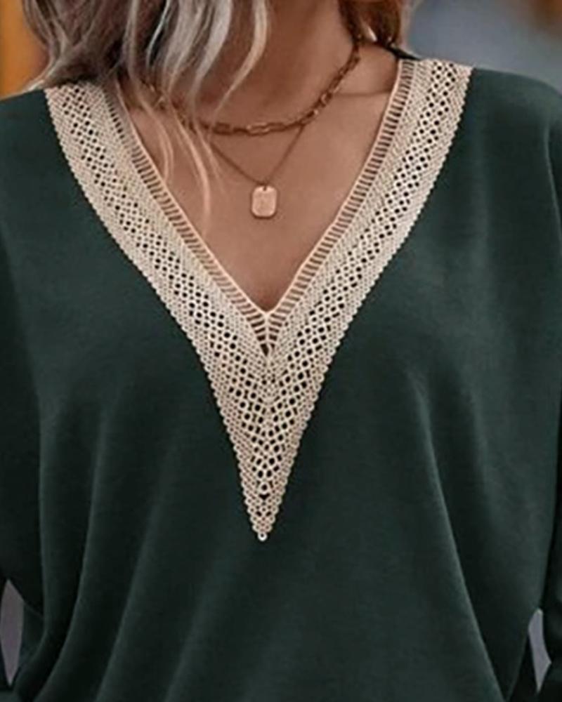 Lace Trim V Neck Long Sleeve Top