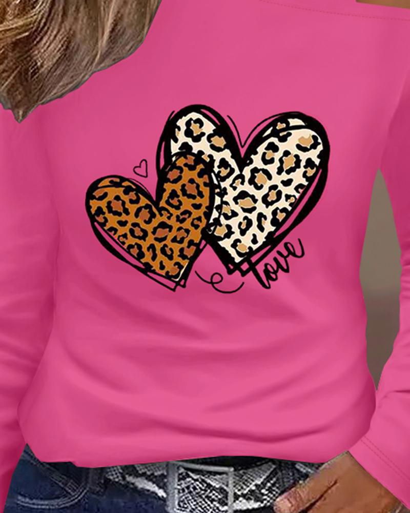 Heart Leopard Love Print Cold Shoulder Top