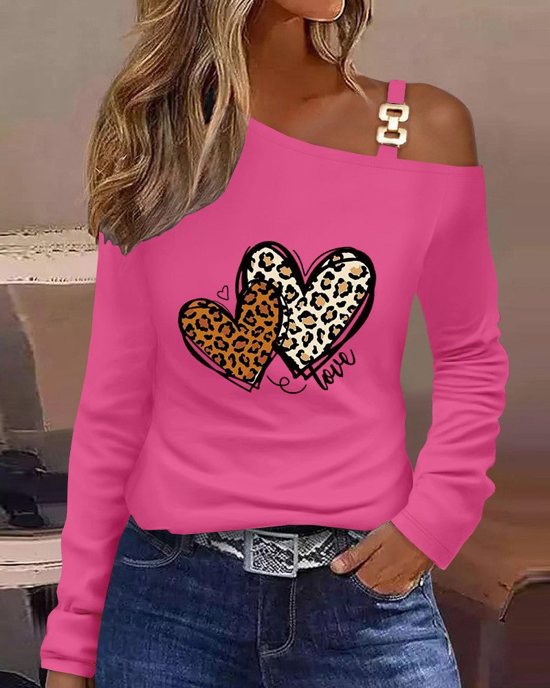 Heart Leopard Love Print Cold Shoulder Top