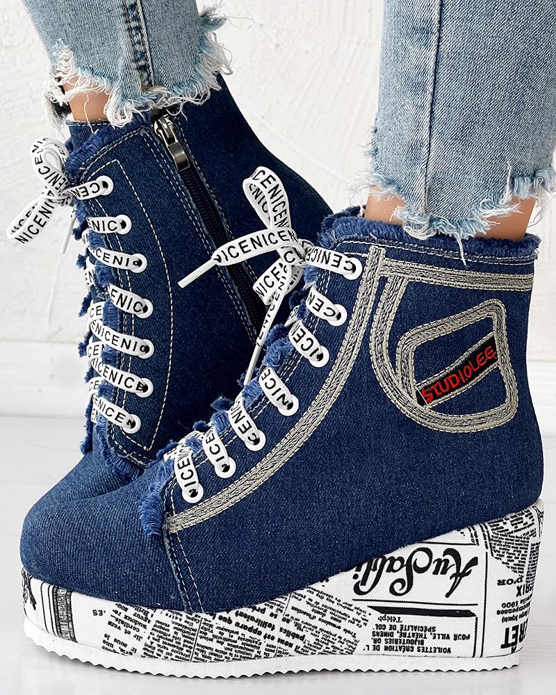 Newpaper Lace up Platform Wedge Ankle Boots