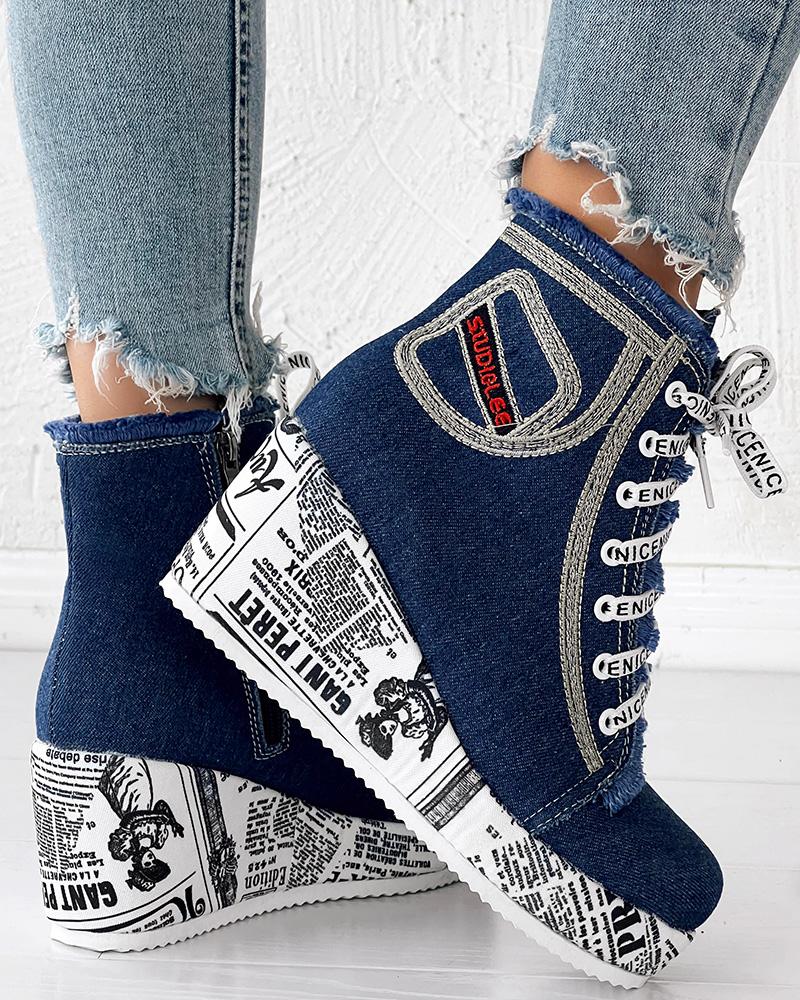 Newpaper Lace up Platform Wedge Ankle Boots