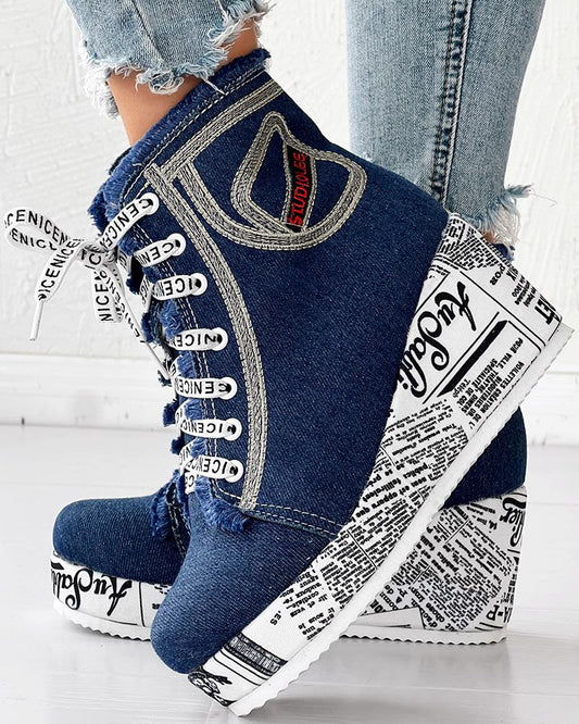 Newpaper Lace up Platform Wedge Ankle Boots