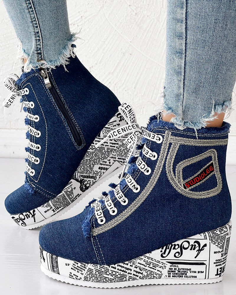 Newpaper Lace up Platform Wedge Ankle Boots