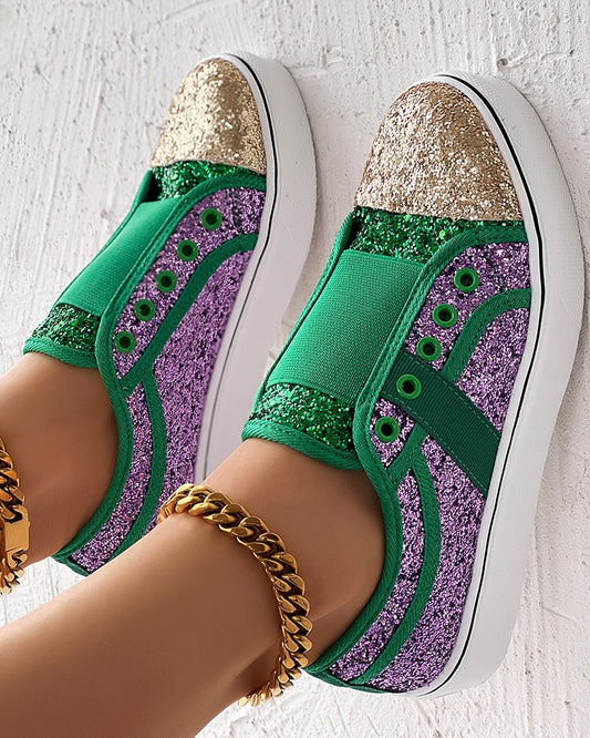 Contrast Sequin Eyelet Slip On Sneakers