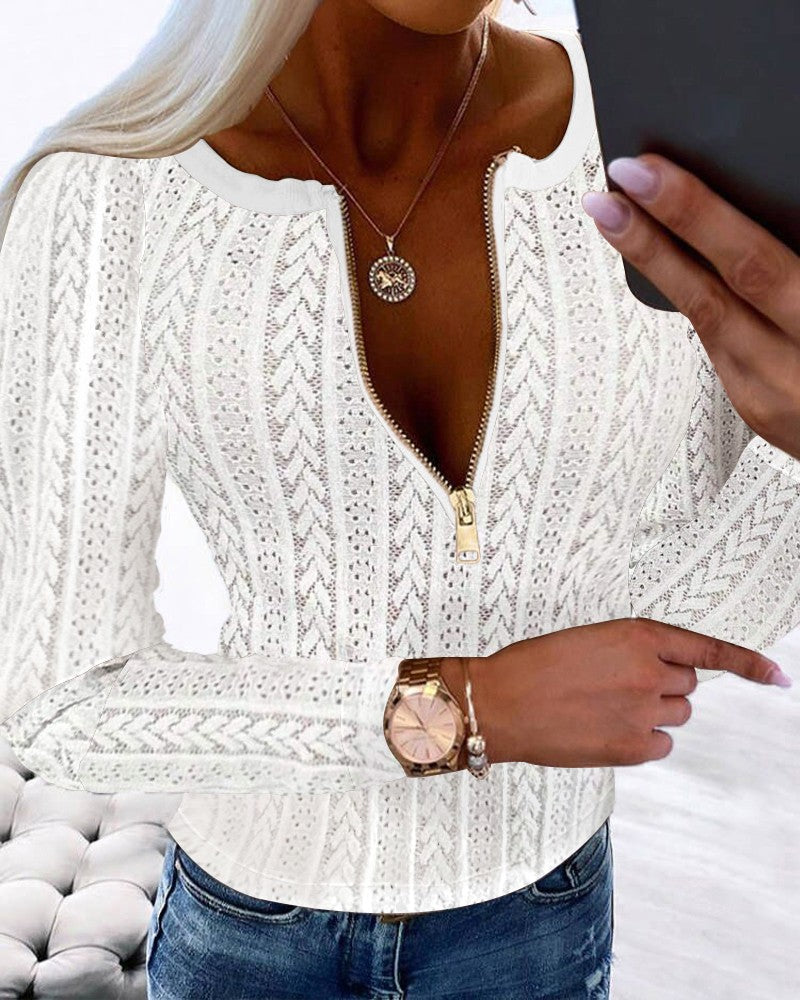 Zipper Design Eyelet Embroidery Top