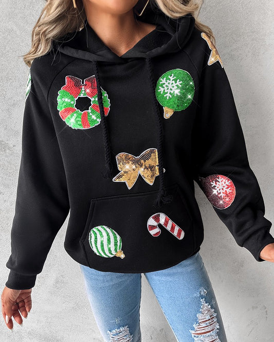 Christmas Sequin Graphic Pattern Hooded Sweatshirt