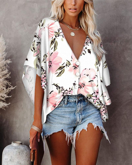 Floral Print Batwing Sleeve Button Front Top