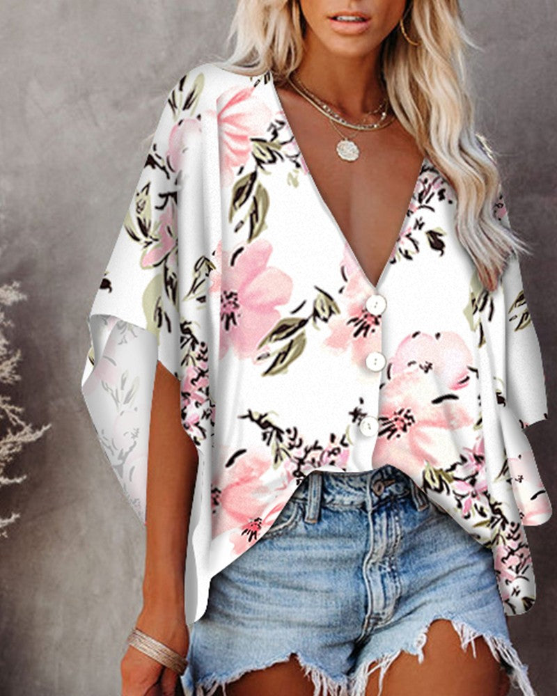 Floral Print Batwing Sleeve Button Front Top