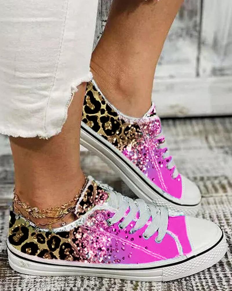 Contrast Leopard Gradient Fringe Hem Sneakers