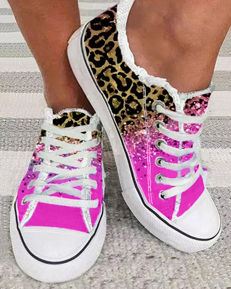 Contrast Leopard Gradient Fringe Hem Sneakers