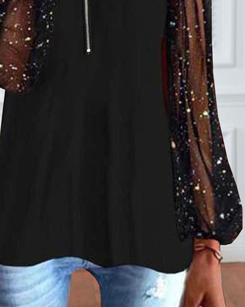 Glitter Contrast Mesh Long Sleeve Top