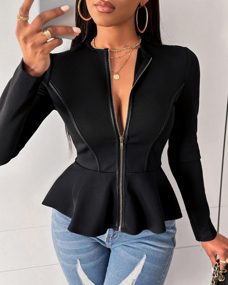 Zip Front PU Leather Ruffles Top