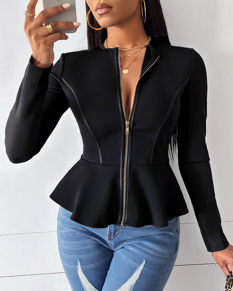 Zip Front PU Leather Ruffles Top