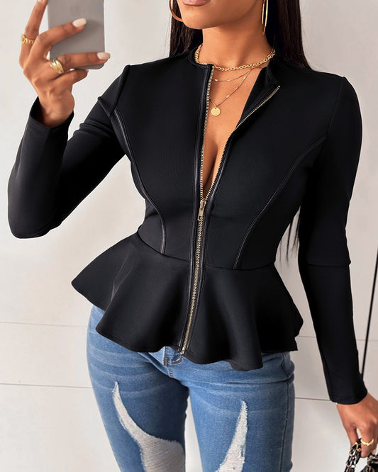 Zip Front PU Leather Ruffles Top