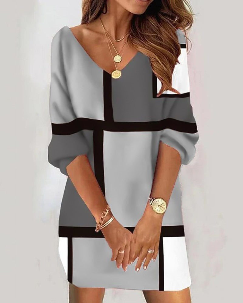 Geometric Print Colorblock Casual Dress