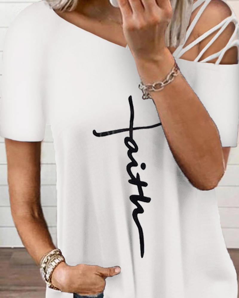 Cold Shoulder Lace up Faith Print Top