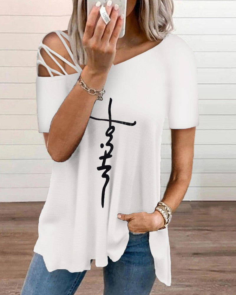 Cold Shoulder Lace up Faith Print Top