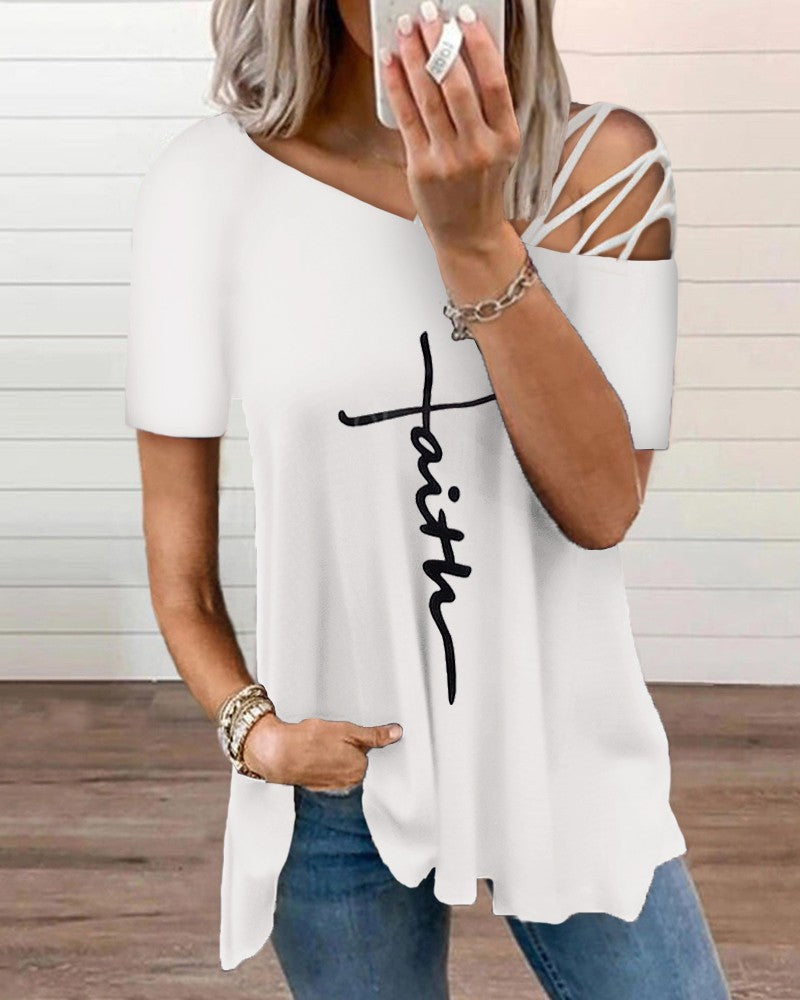 Cold Shoulder Lace up Faith Print Top