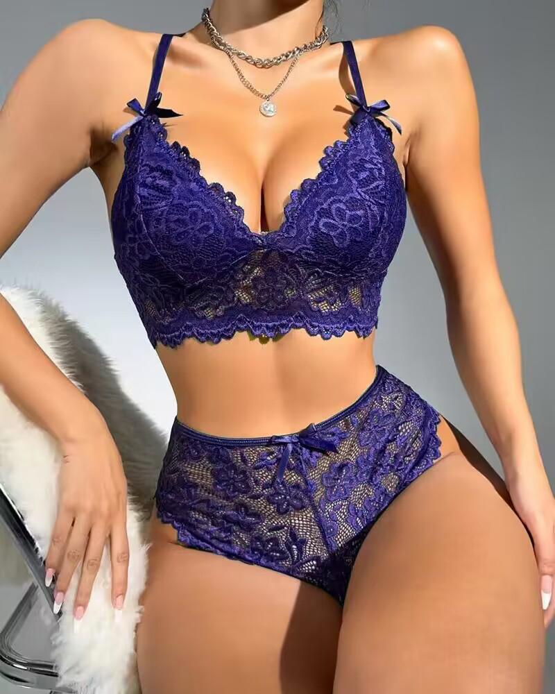 Bow Decor Cutout Lace Lingerie Set