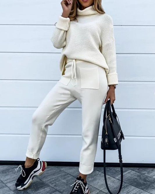 Turtleneck Long Sleeve Knit Top & Drawstring Pants Set