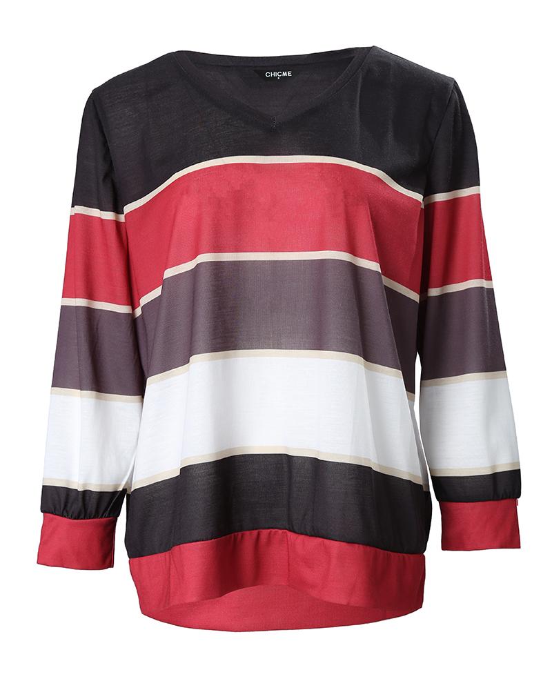 Colorblock Striped Long Sleeve Casual Top