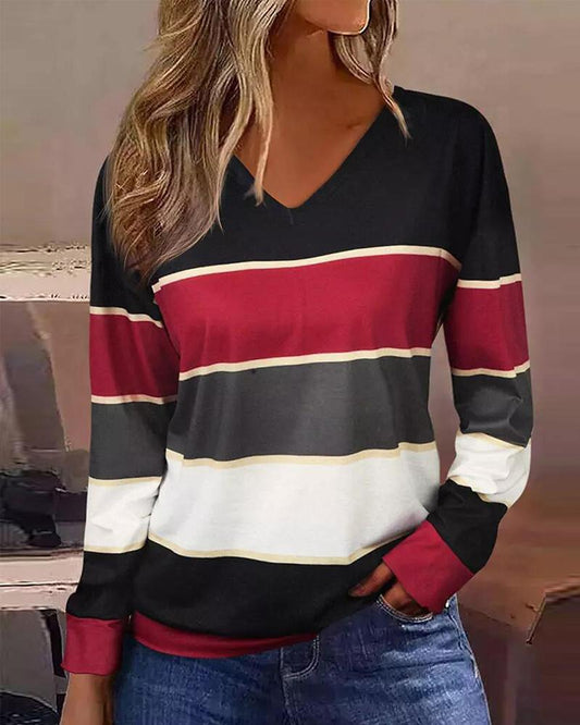 Colorblock Striped Long Sleeve Casual Top