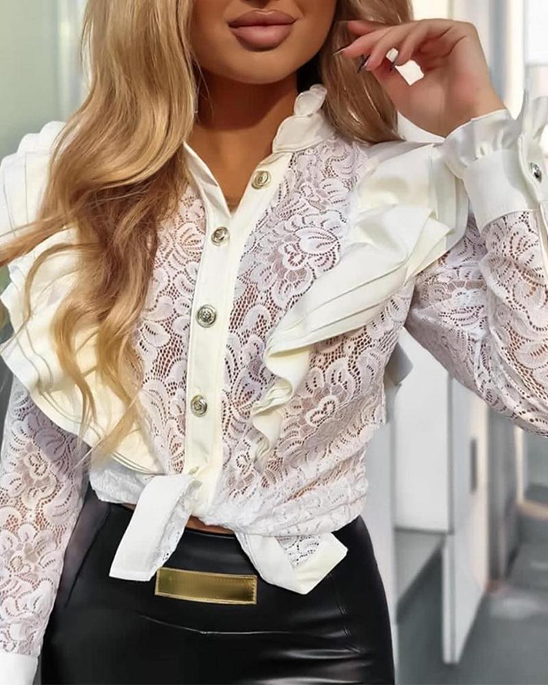 Buttoned Ruffles PU Leather Lace Patchwork Top