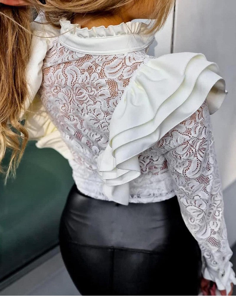 Buttoned Ruffles PU Leather Lace Patchwork Top