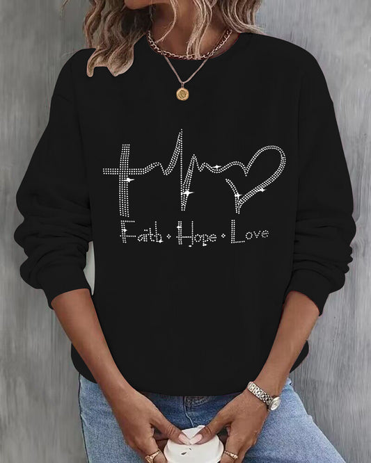 Rhinestone Faith Hope Love Heart Pattern Sweatshirt