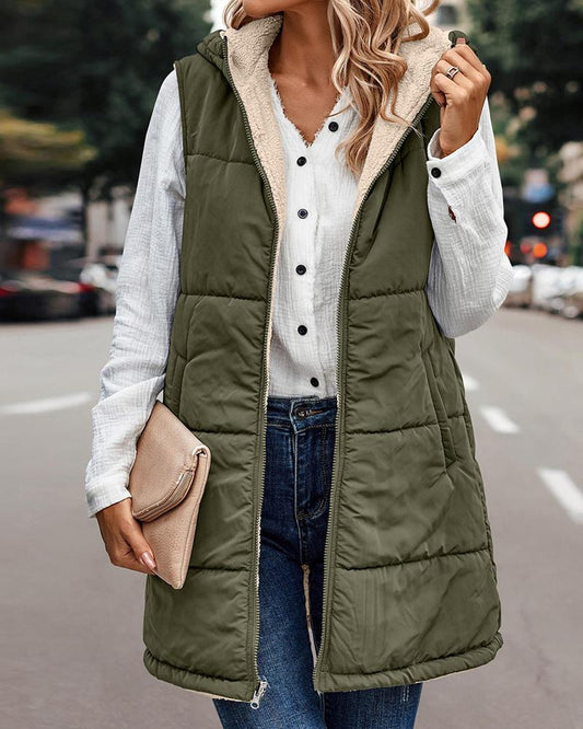 Zipper Design Hooded Versatile Longline Puffer Vest Coat