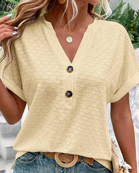 Hollow Out Buttoned V Neck Top