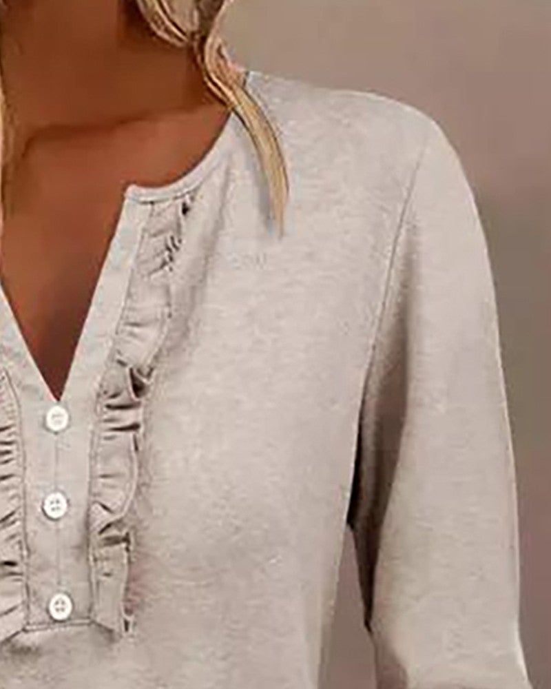 Frill Hem Buttoned Long Sleeve Top