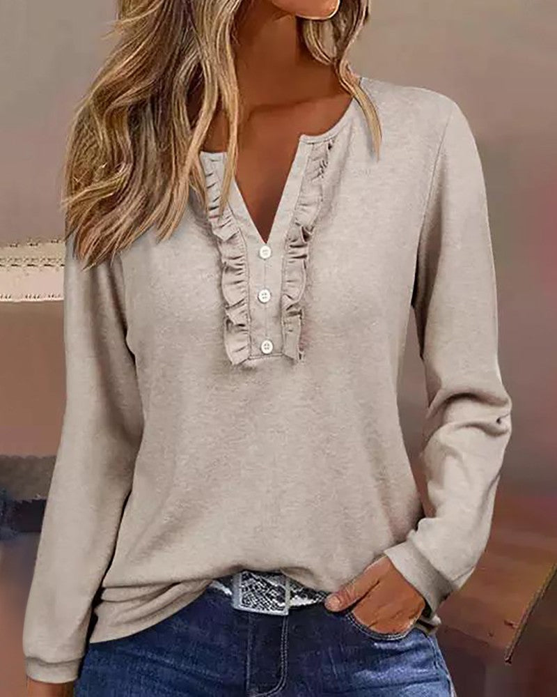 Frill Hem Buttoned Long Sleeve Top