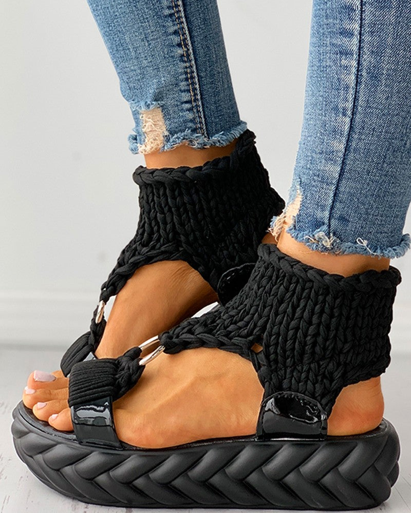 Braided Knit O Ring Cutout Platform Sandals