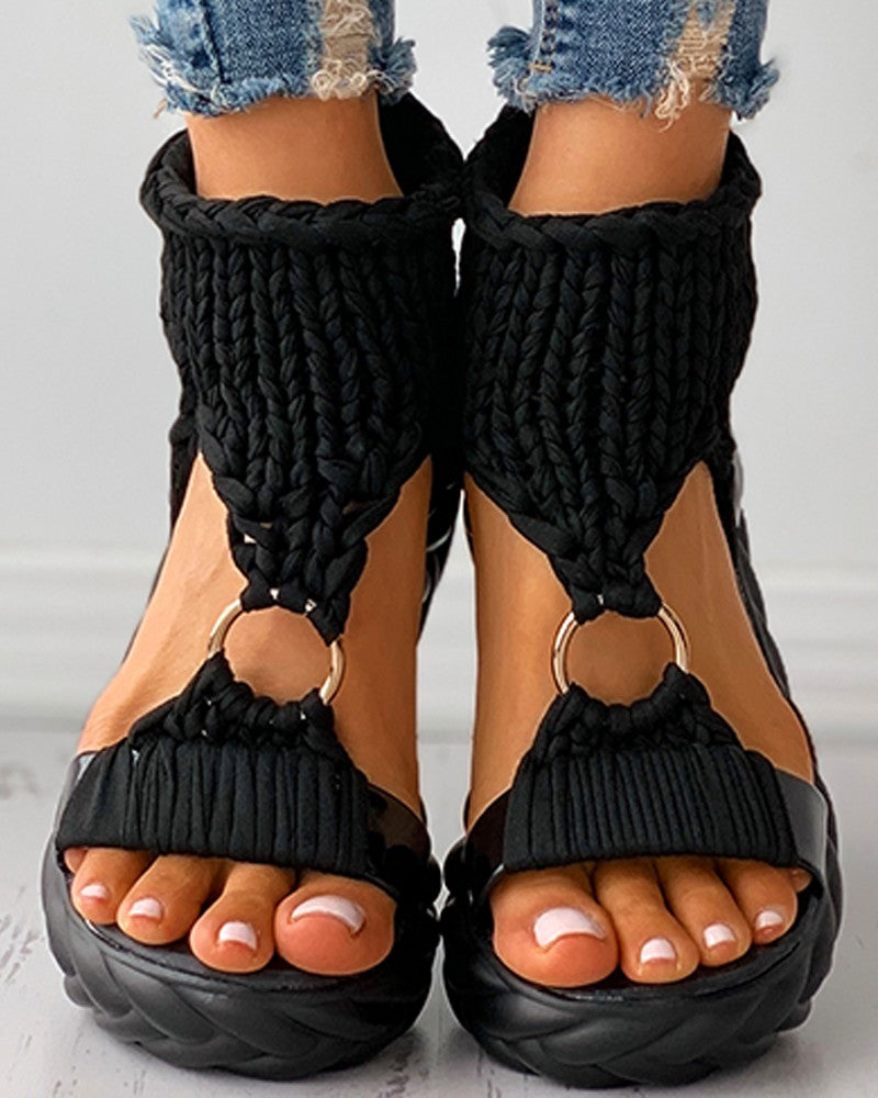 Braided Knit O Ring Cutout Platform Sandals