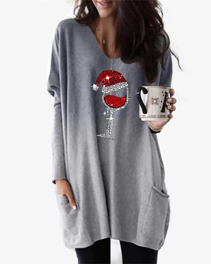 Gigot Sleeve Wine Glasses Print Ombre Top