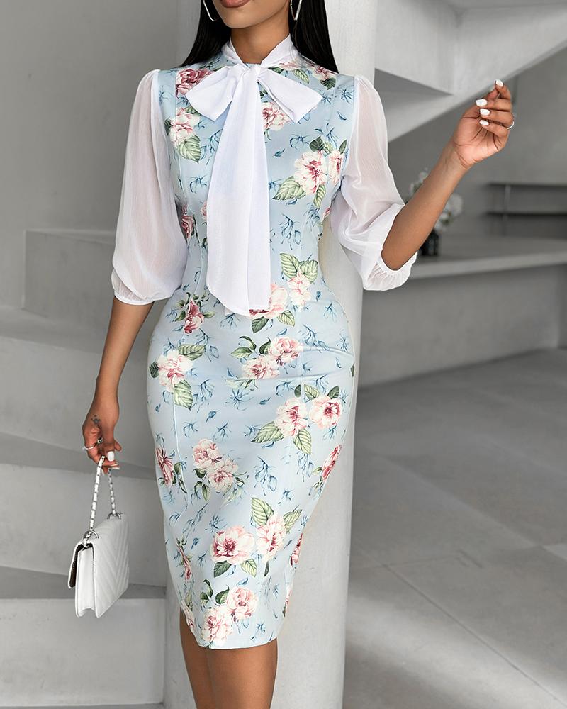 Floral Print Tie Neck Chiffon Midi Dress