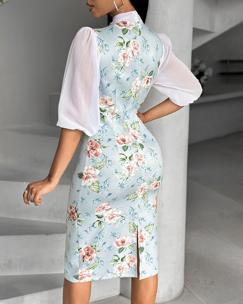 Floral Print Tie Neck Chiffon Midi Dress