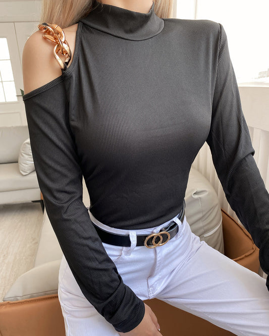 Chain Strap One Shoulder Long Sleeve Top